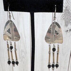 Vintage Disco Mod Earrings Sterling Silver Black Onyx with Gold Tone Coiled Wire